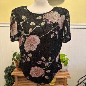 Andretta Donatello Vintage 90s Beaded Blouse zip back black pastel florals